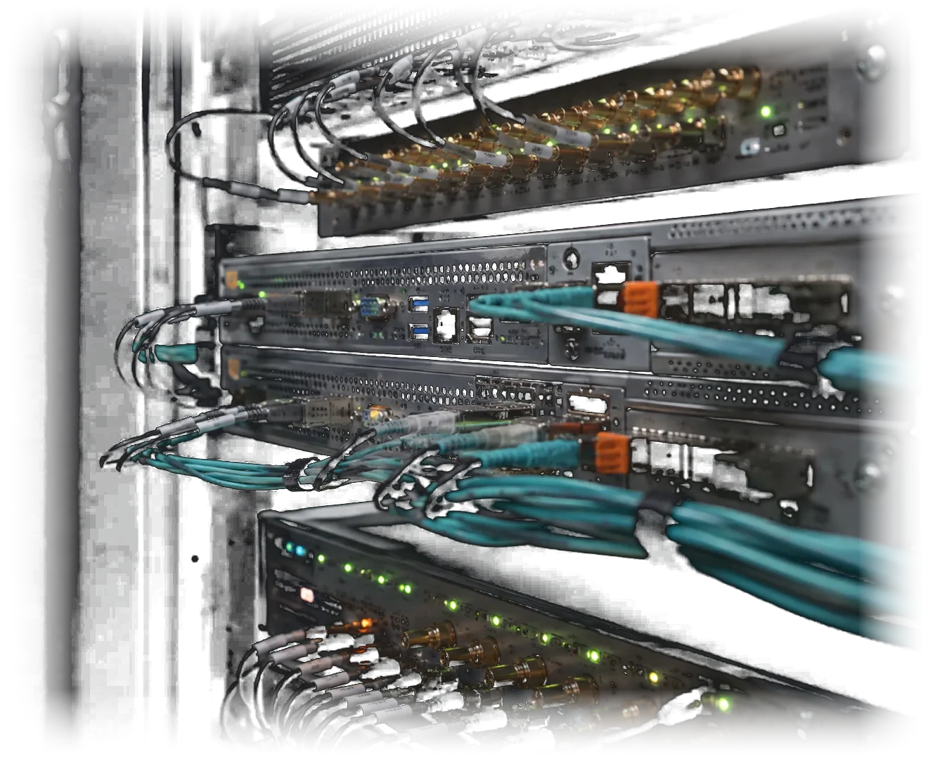 Dark institutional trading network rack with direct fiber connections