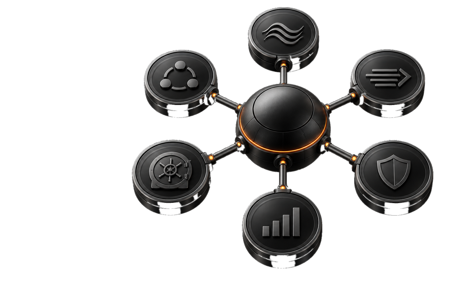 Abstract fintech services ecosystem with six connected modules