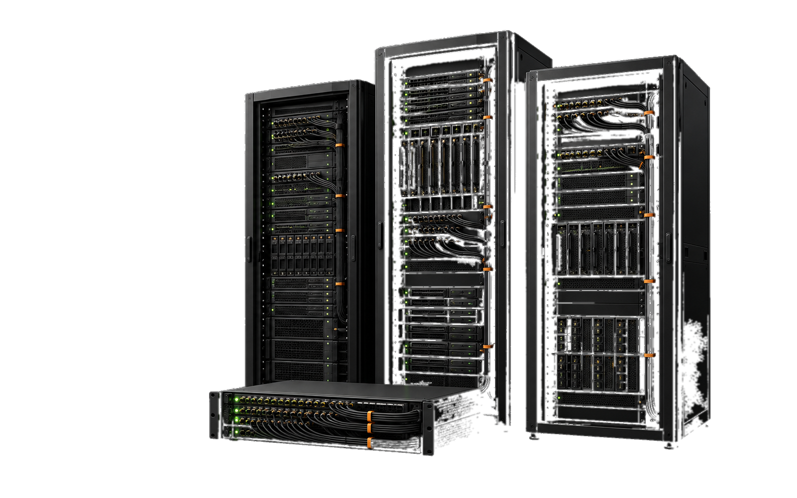 Black enterprise server rack cluster and fiber distribution chassis